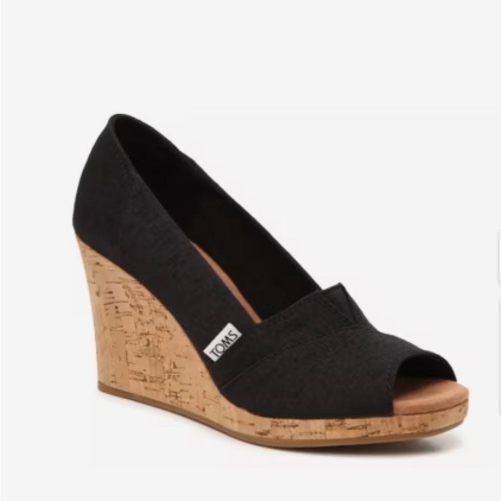 TOMS Women's Black Cork Wedge Peep-Toe Shoes